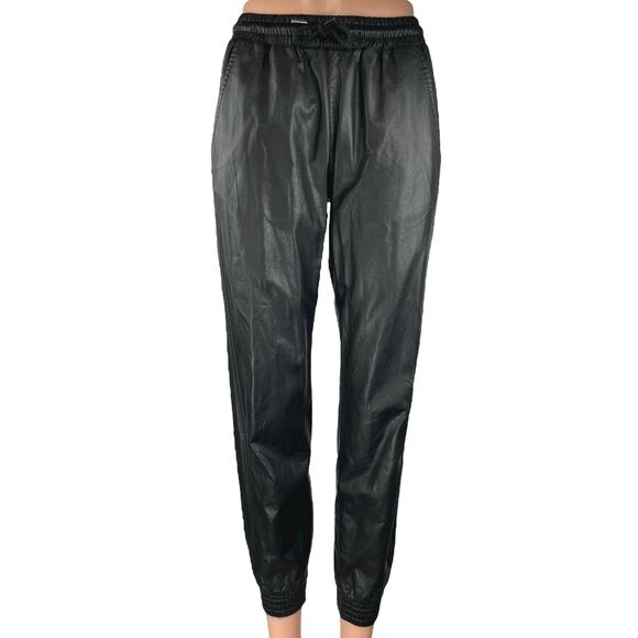 Zara Women Black Faux Vegan Leather High Rise Drawstring Jogger Trouser Pants XS - Picture 1 of 4